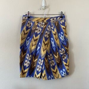 Tory Burch Jemima Ikat Metallic Linen Tulip Skirt Blue Yellow Tribal 8 Designer